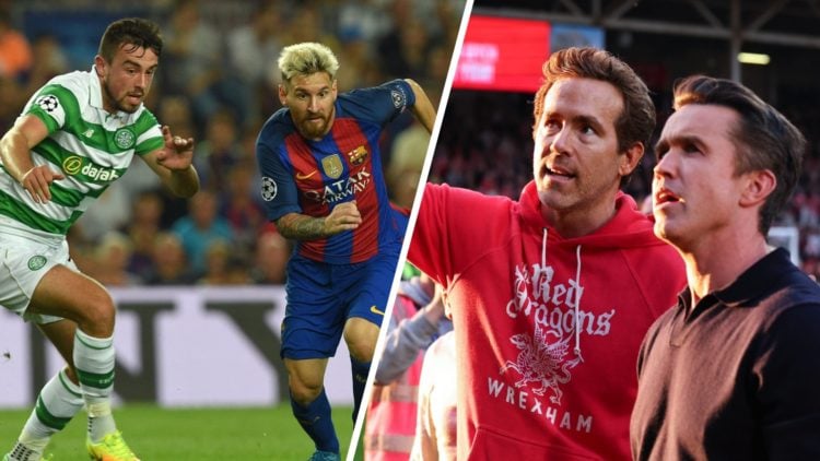Barcelona's Argentinian forward Lionel Messi (R) vies with Celtic's Irish defender Eoghan O'Connell (left), Ryan Reynolds and Rob Mac co owners of ...