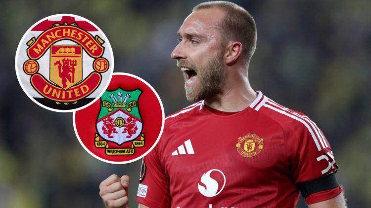 Christian Eriksen of Manchester United celebrates. Detailed view of a Wrexham club crest. A banner displaying the Manchester United club badge.