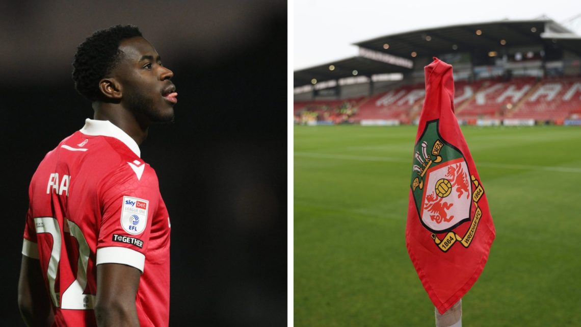 Modou Faal in action during Stockport County FC v Wrexham AFC in the Sky Bet League One clash. A general view of a Wrexham corner flag before Wrexh...