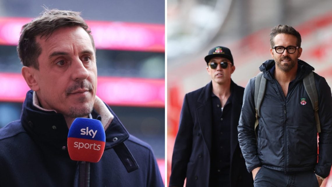 A split image of pundit Gary Neville (L) and Wrexham's Rob Mac alongside Ryan Reynolds (R)