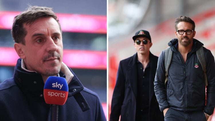 A split image of pundit Gary Neville (L) and Wrexham's Rob Mac alongside Ryan Reynolds (R)