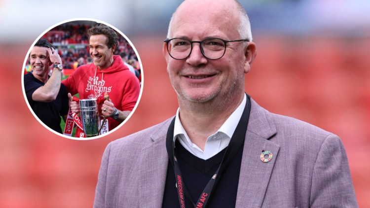 Shaun Harvey smiles before Wrexham AFC v Charlton Athletic FC in the Sky Bet League One clash. Rob McElhenney and Ryan Reynolds co-owners of Wrexha...