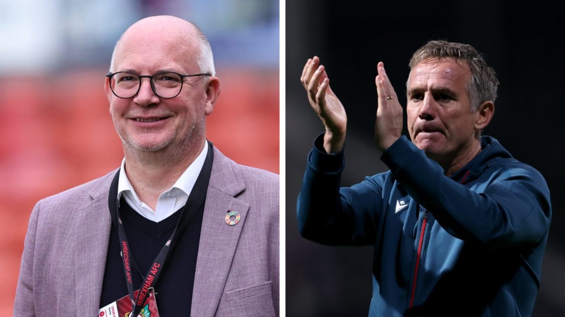 Shaun Harvey smiles before Wrexham AFC v Charlton Athletic FC in the Sky Bet League One clash. Wrexham manager Phil Parkinson acknowledges the fans.