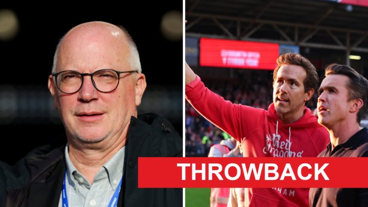Split image of Shaun Harvey looking on before a Wrexham match, Ryan Reynolds and Rob McElhenney celebrate Wrexham's promotion to the Championship