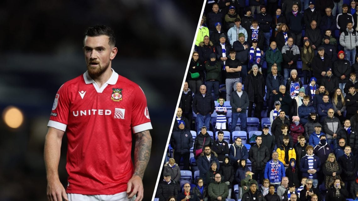 A split image of Wrexham striker Jack Marriott in action against Birmingham City (L) and Reading fans (R)