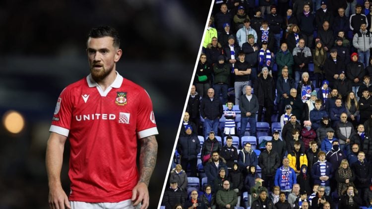 A split image of Wrexham striker Jack Marriott in action against Birmingham City (L) and Reading fans (R)