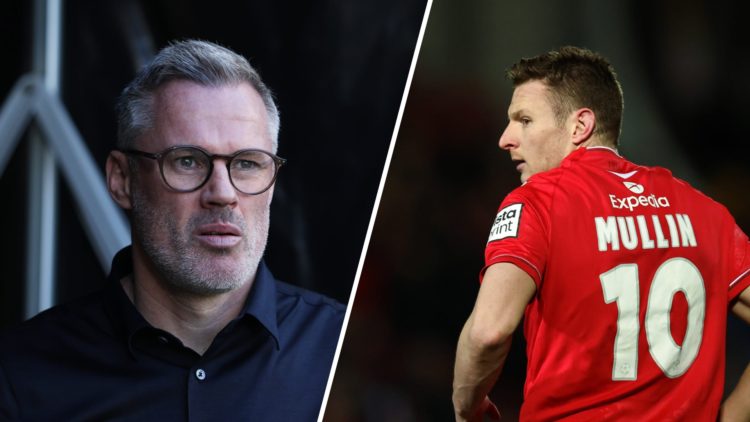 A split image of pundit Jamie Carragher (L) and Wrexham striker Paul Mullin (R)