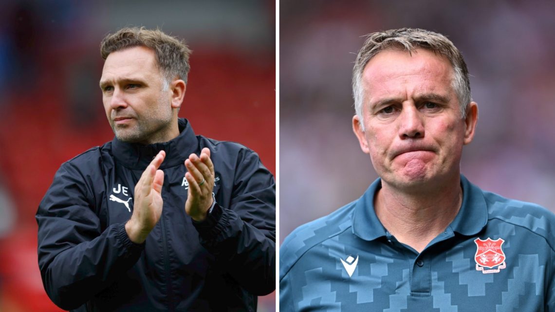 A split image of Derby County boss John Eustace (L) and Wrexham boss Phil Parkinson (R)