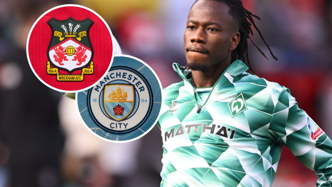 Issa Kabore of SV Werder Bremen. The official club badge of Manchester City on a club jersey. The official club badge of Wrexham AFC on a home shirt