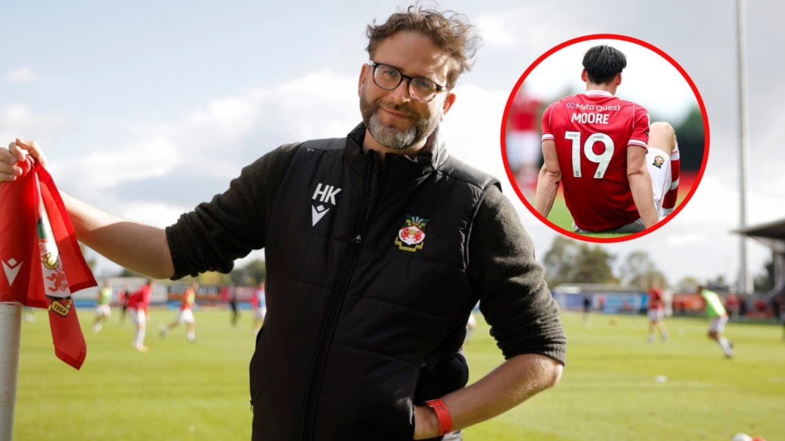 Humphrey Ker before Wrexham v Salford City EFL League Two match. Kieffer Moore of Wrexham reacts.