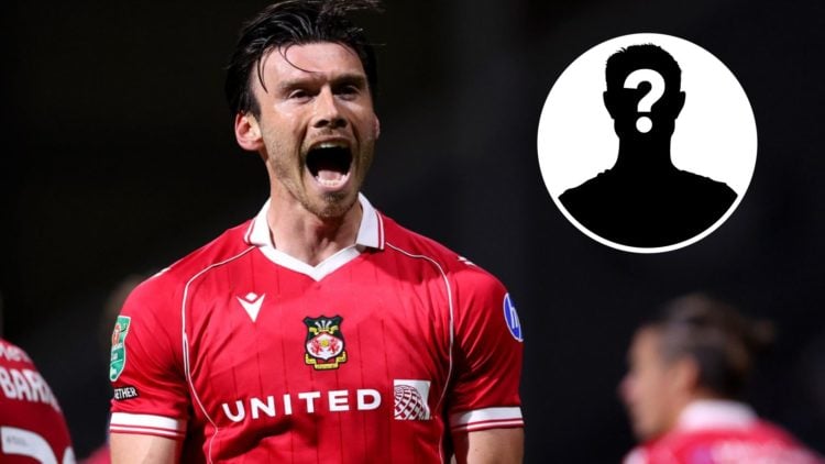 Wrexham striker Kieffer Moore celebrates against Preston North End. Inset, a mystery player icon