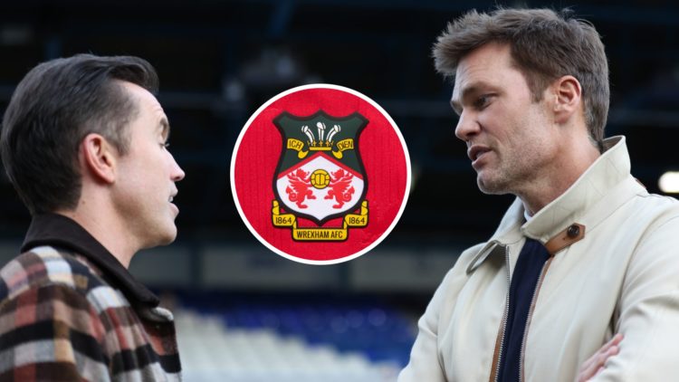 Rob Mac talks with Tom Brady. The official club badge of Wrexham AFC on a home shirt.