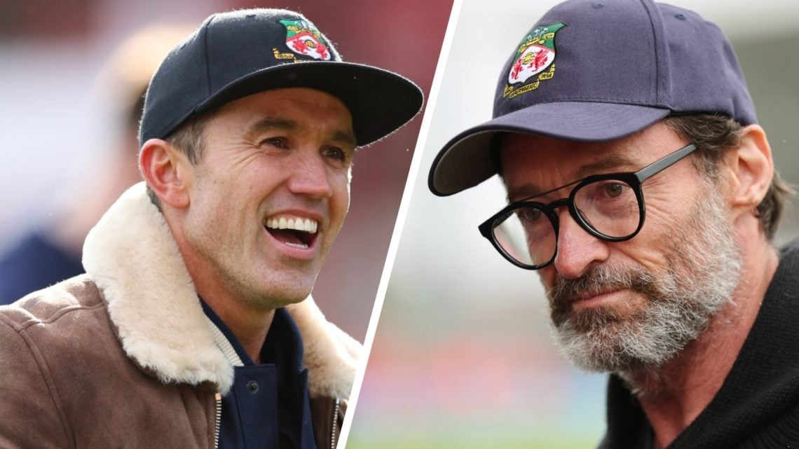 Rob McElhenney before Wrexham v Notts County. Hugh Jackman attends Wrexham v Milton Keynes Dons - Sky Bet League Two