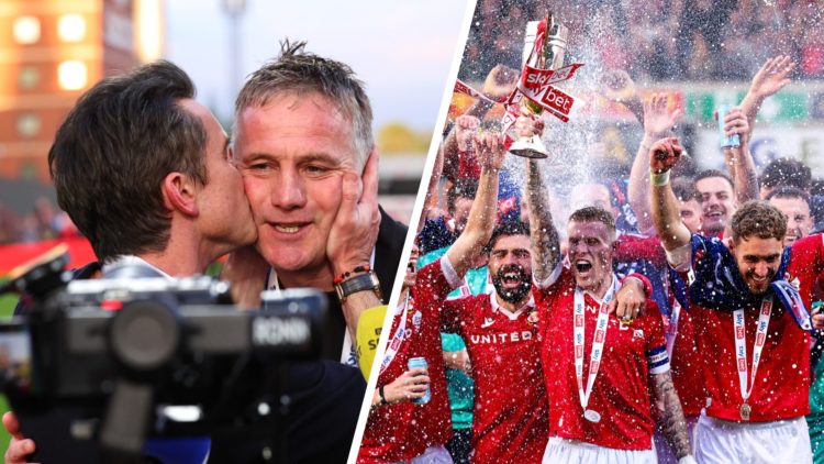 Rob McElhenney and Phil Parkinson after Wrexham AFC v Charlton Athletic FC - Sky Bet League One. Wrexham players celebrate after winning promotion ...