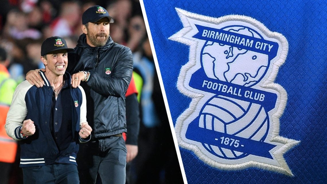 Rob McElhenney and Ryan Reynolds celebrate on the pitch after the English National League football match between Wrexham and Boreham Wood. The offi...