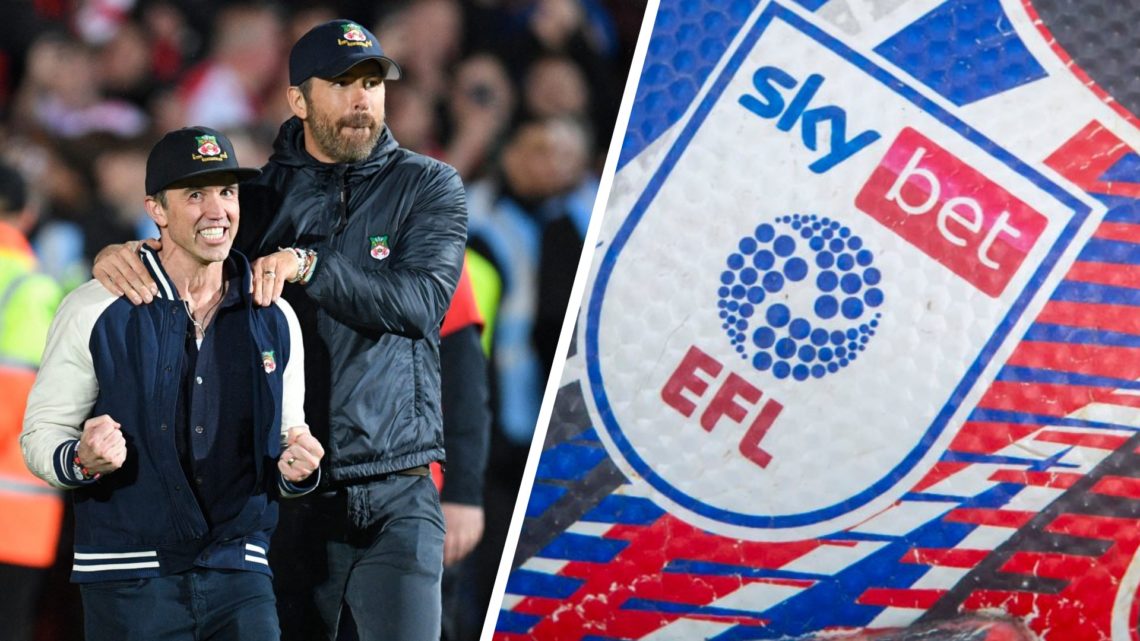 Ryan Reynolds and Rob McElhenney celebrate promotion after Wrexham v Boreham Wood in the National League clash. A detailed view of the SkyBet and E...