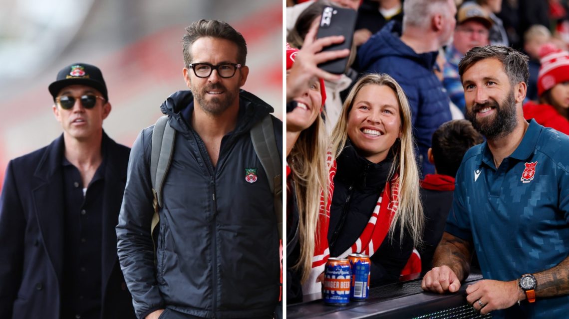 Rob McElhenney and Ryan Reynolds arrive ahead of Wrexham AFC's game against Boreham Wood. Ollie Palmer of Wrexham AFC takes a selfie with fans.