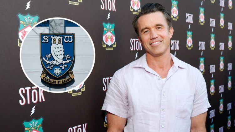 Rob McElhenney attends Wrexham AFC's Wrex Coast tour kick-off party. The Sheffield Wednesday club crest outside the Hillsborough Stadium.