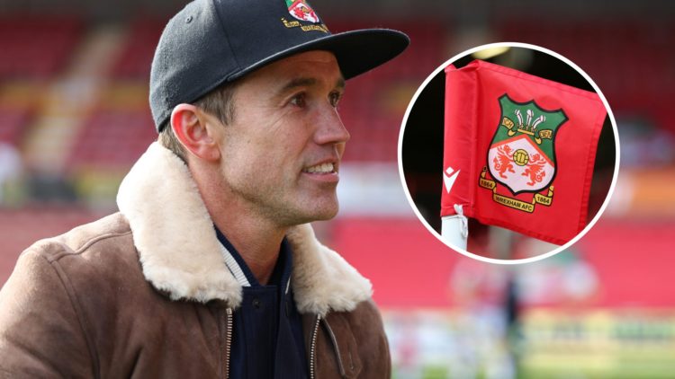 Rob McElhenney during Wrexham v Notts County - Vanarama National League. A detailed view of a Wrexham corner flag is seen during the Vanarama Natio...