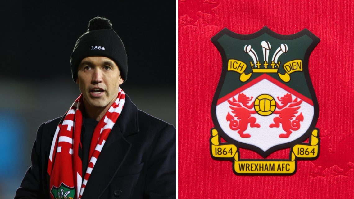Rob McElhenney after Wrexham v Yeovil - Vanarama National League. The official club badge of Wrexham AFC on a home shirt