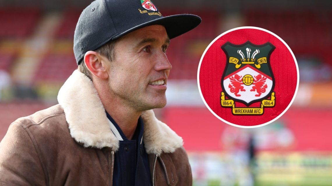 Rob McElhenney during Wrexham v Notts County - Vanarama National League. The official club badge of Wrexham AFC on a home shirt.