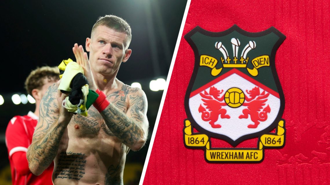 James McClean of Wrexham AFC applauds the crowd. The official club badge of Wrexham AFC on a home shirt.