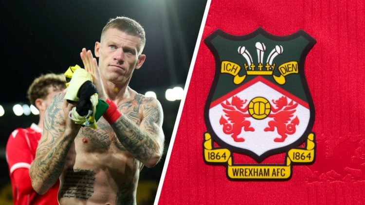 James McClean of Wrexham AFC applauds the crowd. The official club badge of Wrexham AFC on a home shirt.