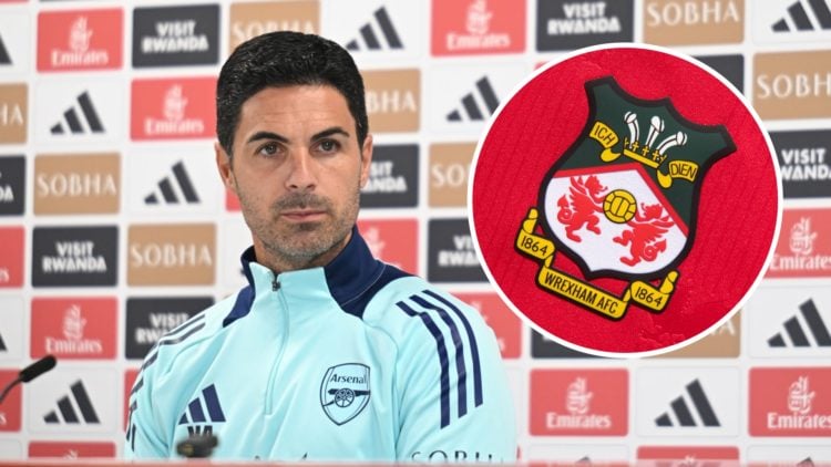 Arsenal boss Mikel Arteta during a press conference. Inset, the Wrexham badge on a red home shirt.