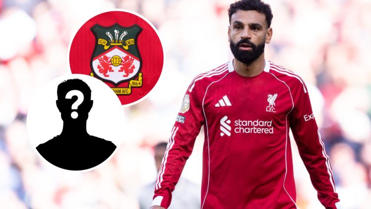 Liverpool forward Mohamed Salah looks on. Inset, the Wrexham badge and mystery player icon