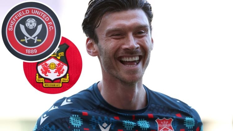 Kieffer Moore prior to Preston North End v Wrexham - Carabao Cup Second Round. The official club badge of Wrexham AFC on a home shirt. General view...