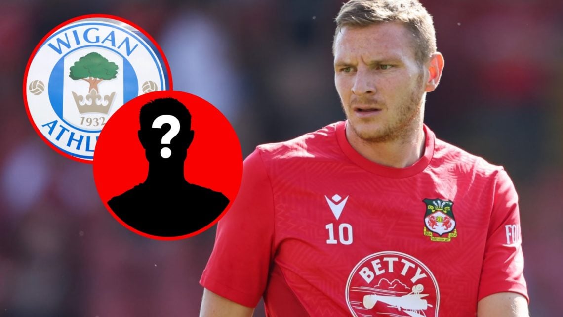 Paul Mullin during the Sky Bet League Two match between Wrexham and Doncaster Rovers.. The club crest of Wigan Athletic is seen outside DW Stadium ...