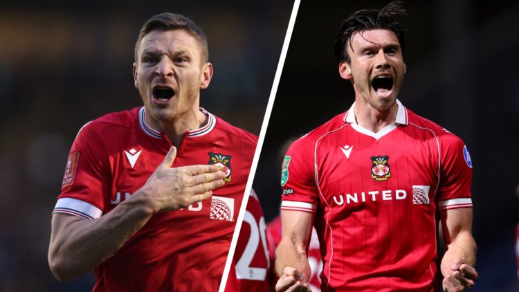 Wrexham's Paul Mullin celebrates against Shrewsbury Town. Kieffer Moore of Wrexham celebrates.