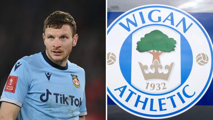Paul Mullin during Sheffield United v Wrexham - Emirates FA Cup Fourth Round Replay. The club crest of Wigan Athletic is seen outside DW Stadium pr...