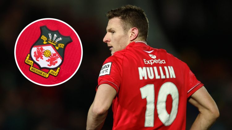 Paul Mullin during Wrexham v Sheffield United: Emirates FA Cup Fourth Round. Wrexham badge on a red home shirt.