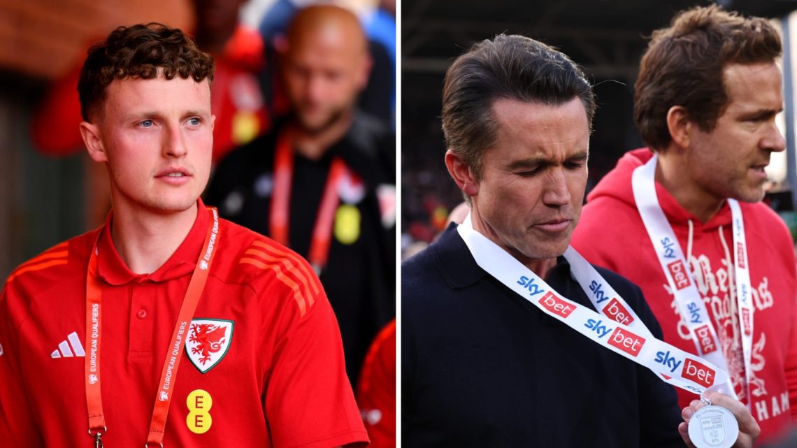 A split image of Wales forward Nathan Broadhead (L), and Wrexham's Rob Mac and Ryan Reynolds (R)