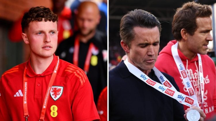 A split image of Wales forward Nathan Broadhead (L), and Wrexham's Rob Mac and Ryan Reynolds (R)