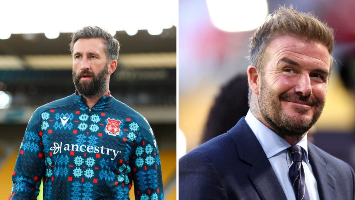 A split image of Wrexham striker Ollie Palmer (L) and David Beckham (R)