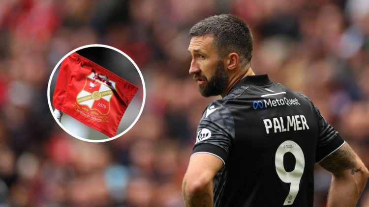 Wrexham striker Ollie Palmer looks on. Inset, the Swindon Town badge on a corner flag