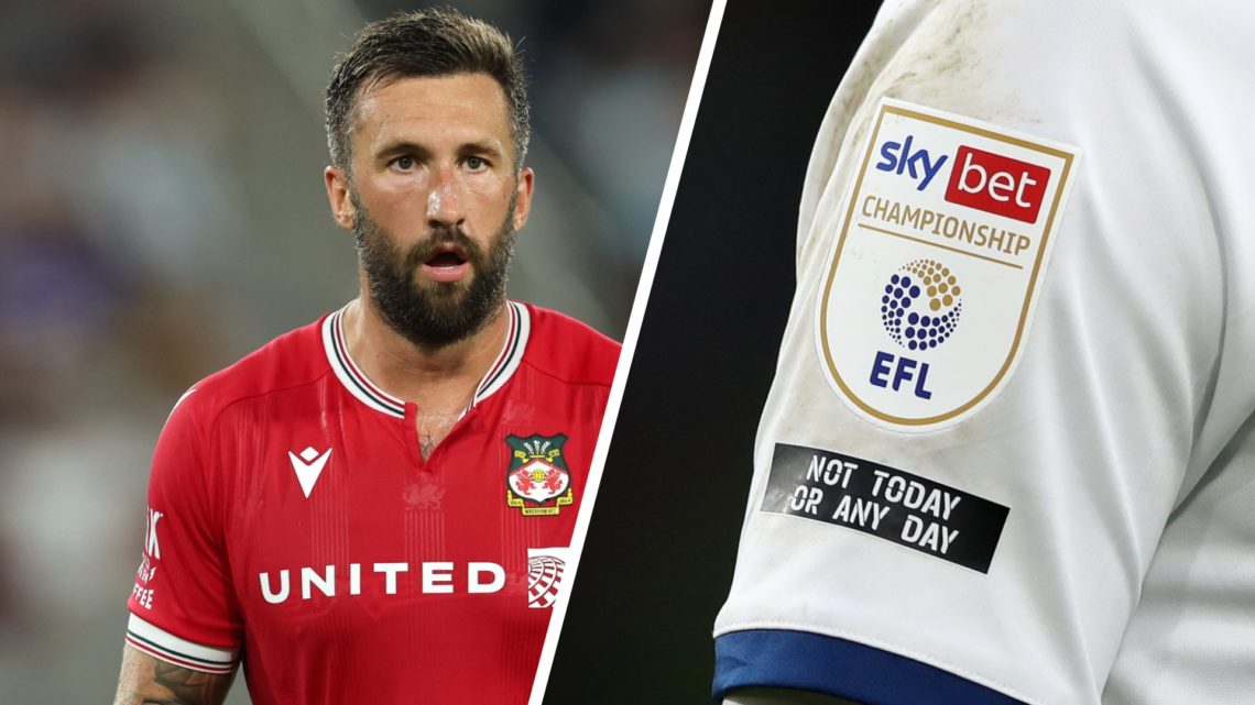 Ollie Palmer during Manchester United v Wrexham - Pre-Season Friendly. A detailed view of a shirt sleeve with the EFL Championship logo during AFC ...
