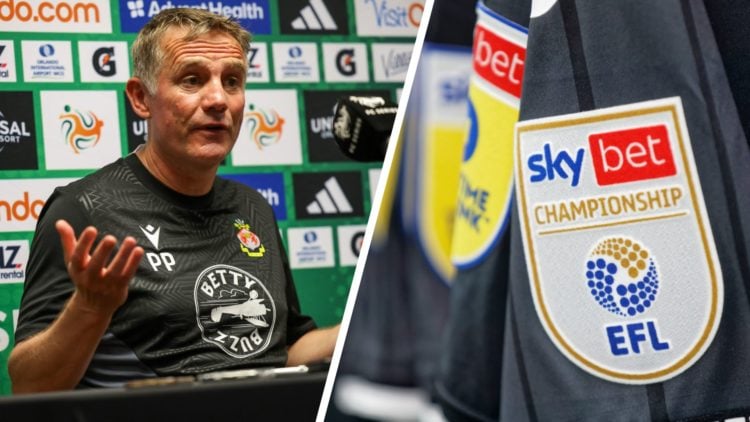 Phil Parkinson at a Wrexham press conference. EFL Championship logo on a shirt ahead of Norwich City vs Swansea City.