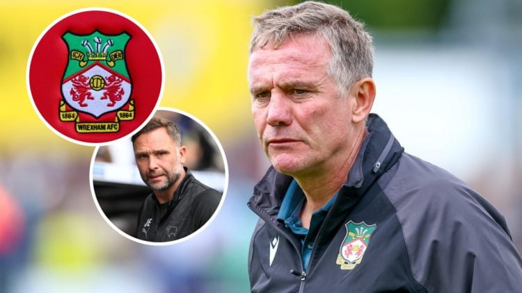 Head Coach Phil Parkinson of Wrexham AFC looks on. Derby County boss John Eustace looks on against Coventry City. Wrexham club crest.