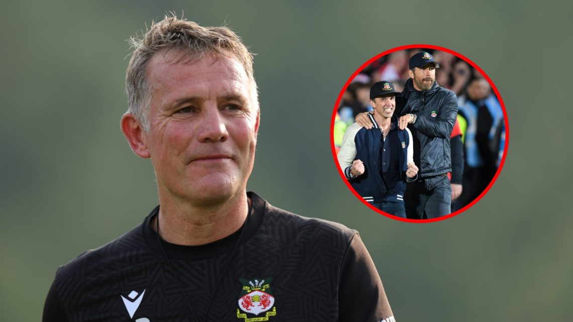 Phil Parkinson during a Wrexham Training Session. Rob McElhenney and Ryan Reynolds celebrate on the pitch after the English National League footbal...