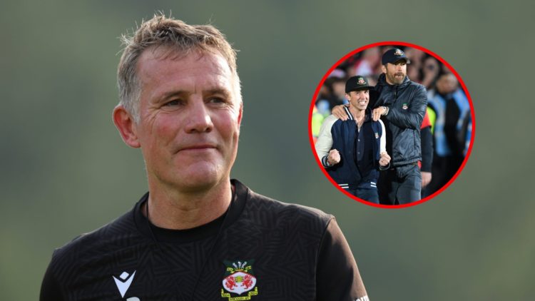 Phil Parkinson during a Wrexham Training Session. Rob McElhenney and Ryan Reynolds celebrate on the pitch after the English National League footbal...