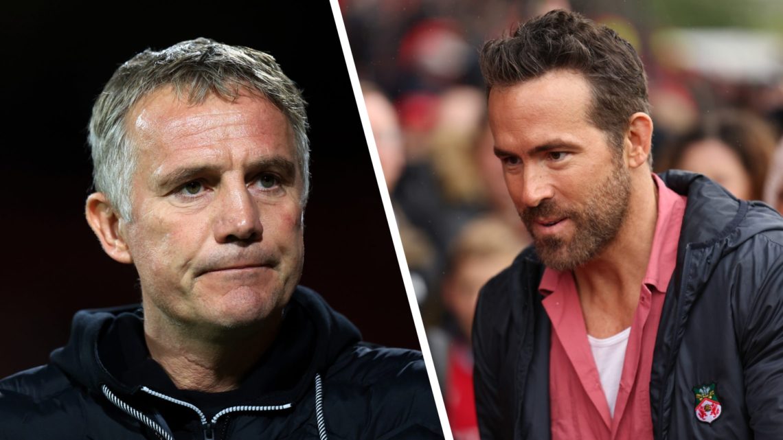Ryan Reynolds the co-owner of Wrexham prior to the Sky Bet League Two match between Wrexham and Milton Keynes Dons. Phil Parkinson watches on durin...