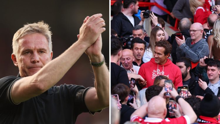 Phil Parkinson, Manager of Wrexham, applauds the fans. Fans of Wrexham celebrate with Rob McElhenney and Ryan Reynolds