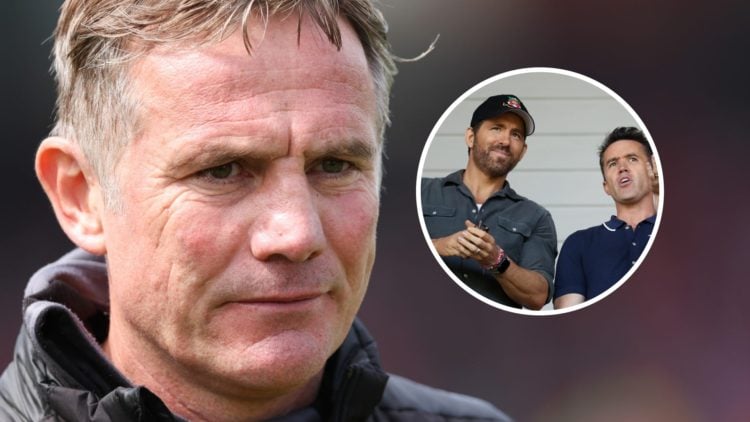 Phil Parkinson the head coach of Wrexham. Ryan Reynolds and Rob McElhenney look on before Wrexham's Vanarama National League Play-Off Semi-Final ma...