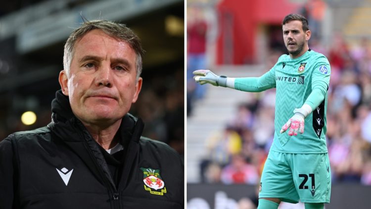 Split image of Phil Parkinson looks on during Wrexham's Sky Bet League Two clash with MK Dons, Danny Ward in action during Southampton v Wrexham in...