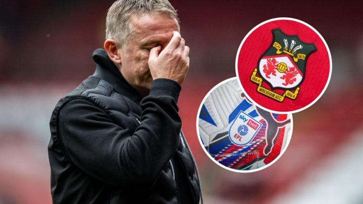 Wrexham boss Phil Parkinson before facing Charlton Athletic.Wrexham badge on a red home shirt. A detailed view of the SkyBet and EFL league logo on...
