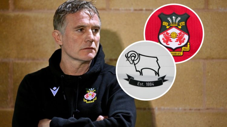 Wrexham boss Phil Parkinson watches on against Forest Green Rovers. The official club badge of Wrexham AFC on a home shirt. Derby County badge.