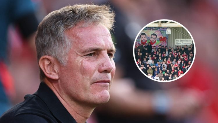 Phil Parkinson during Wrexham v Hull City - Carabao Cup First Round. Fans of Wrexham watch on vs Stockport County.
